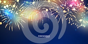 Sparkling golden fireworks and multicolored lights with realistic look on blue abstract background. festive lights vector illustra