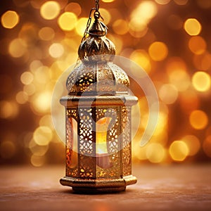 Sparkling golden lights harmoniously merge with an exquisite Arab lantern