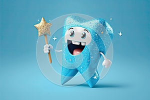 sparkling happy healthy tooth on blue background. Cartoon character. Protection and care of teeth. Generative AI