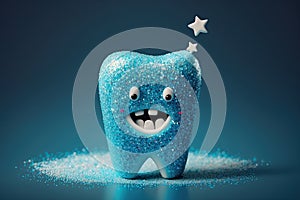 sparkling happy healthy tooth on blue background. Cartoon character. Protection and care of teeth. Generative AI