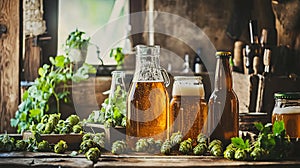 A sparkling homebrew beer workshop with bottles, hops, and fermenting