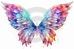 Sparkling iridescent colorful glowing butterfly on white background generative AI