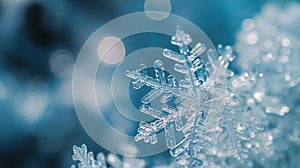 Sparkling Macro Snowflake on Blue Bokeh Background. Generative AI