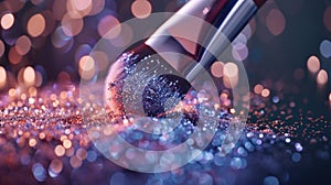 Sparkling Makeup Brush Over Colorful Glitter Background photo