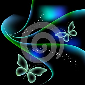 Sparkling neon pictures with a butterfly. Blue and green background.