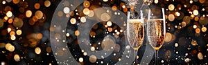 Sparkling New Year Greetings: Wine Glasses, Sparklers, and Bokeh on Black Night Sky Texture