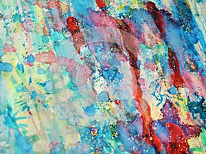 Sparkling pastel red blue phosphorescent wax spots, watercolor paint, colorful hues