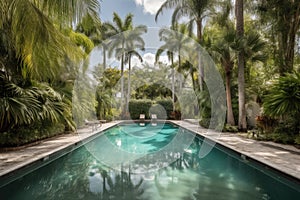 sparkling pool surrounded by lush greenery, with palm trees in the background