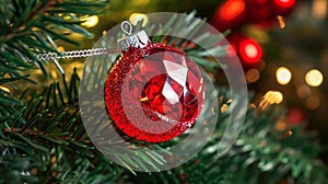 Sparkling Red Ornament on Evergreen Bed photo