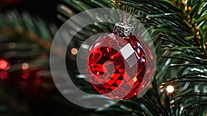 Sparkling Red Ornament on Evergreen Bed photo