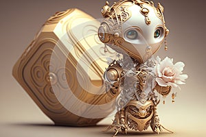 Sparkling Robot in Glamorous Gold Attire: A Creative and Colorful Digital Delight on Glazy White Background!