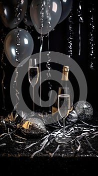 Sparkling Silver and Black New Years Party Kit with Balloons, Tassels, and Streamers