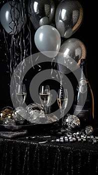 Sparkling Silver and Black New Years Party Kit with Balloons, Tassels, and Streamers