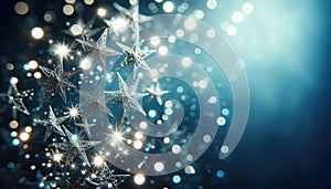 Sparkling Silver Stars on Blue Bokeh Background, AI Generated