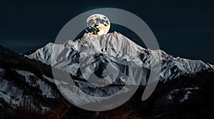 A sparkling snow-covered mountaintop reflecting the light of a full moon created with Generative AI
