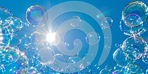 Sparkling soap bubbles floating under a bright sun, clear blue sky backdrop. perfect for cheerful designs. AI