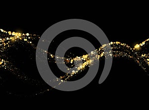 Sparkling stardust. Golden shiny magic vector waves with golden particles isolated on black background. A brilliant