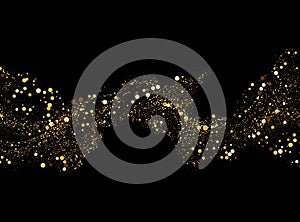 Sparkling stardust. Golden shiny magic vector waves with golden particles isolated on black background. A brilliant