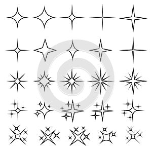 Sparkling stars icons, shiny flashes of fireworks. Set of star elements with various glowing light effects