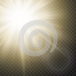 Sparkling Sun Rays With Flare Effect On Transparent Background. Vector.