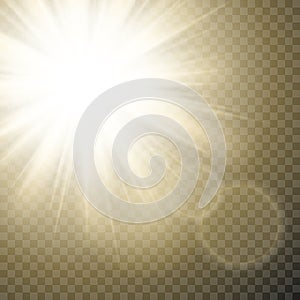 Sparkling sun rays with hot spot and flares with sun flare effect on transparent background .