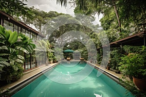 sparkling swimming pool in luxurious hotel suite, surrounded by lush greenery