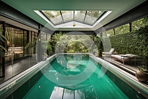 sparkling swimming pool in luxurious hotel suite, surrounded by lush greenery