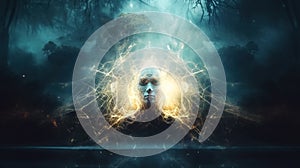 Sparkling thought energy around the person\'s head in a dark landscape. Surreal concept of consciousness. Generative AI
