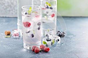 Sparkling water with berry and herb ice