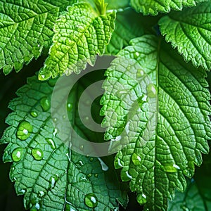 Sparkling water droplets adorn green leaf surfaces following a delightful rain shower photo
