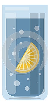 Sparkling water glass with lemon slice. Refreshing drink icon