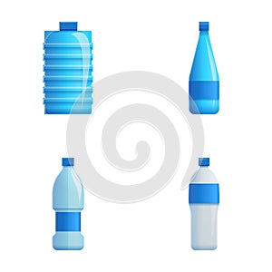 Sparkling water icons set cartoon vector. Water in glass and plastic container