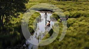 Sparkling Water Reflections: A Woman And Two Deer In A Serene Valley