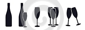 Sparkling wine bottle and glasses icons