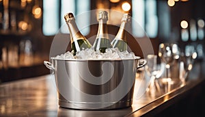 Sparkling wine bottle in ice bucket on blurred restaurant background