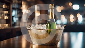 Sparkling wine bottle in ice bucket on blurred restaurant background