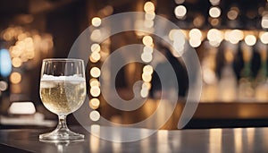 Sparkling wine bottle in ice bucket on blurred restaurant background