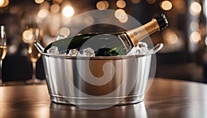 Sparkling wine bottle in ice bucket on blurred restaurant background