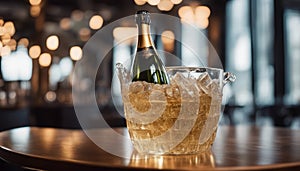 Sparkling wine bottle in ice bucket on blurred restaurant background