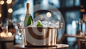 Sparkling wine bottle in ice bucket on blurred restaurant background