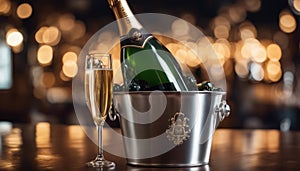 Sparkling wine bottle in ice bucket on blurred restaurant background