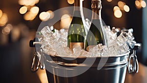 Sparkling wine bottle in ice bucket on blurred restaurant background