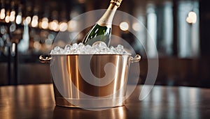 Sparkling wine bottle in ice bucket on blurred restaurant background