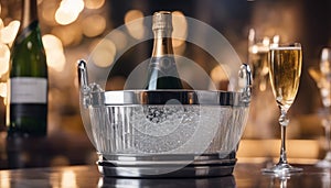 Sparkling wine bottle in ice bucket on blurred restaurant background