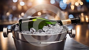 Sparkling wine bottle in ice bucket on blurred restaurant background