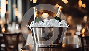 Sparkling wine bottle in ice bucket on blurred restaurant background