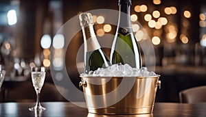 Sparkling wine bottle in ice bucket on blurred restaurant background