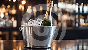 Sparkling wine bottle in ice bucket on blurred restaurant background