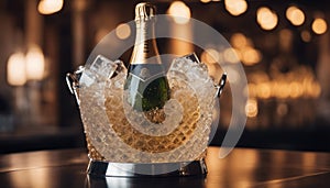 Sparkling wine bottle in ice bucket on blurred restaurant background