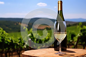 sparkling wine bottle with vineyard background